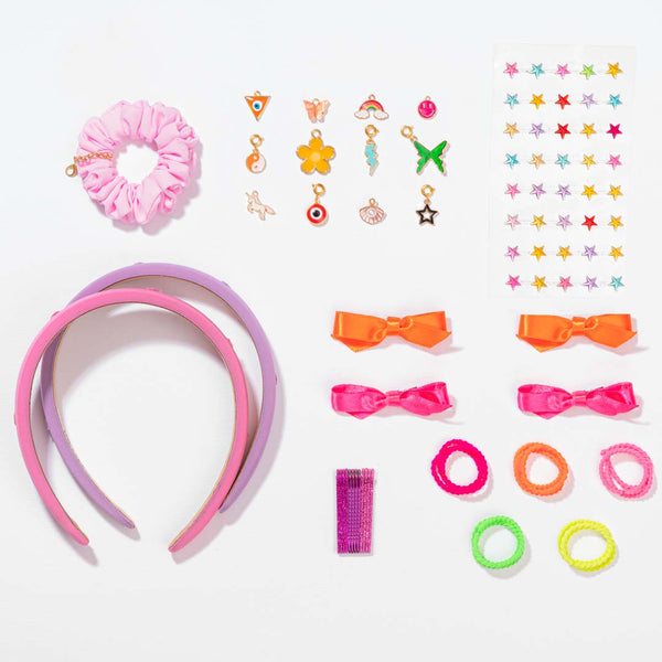DIY Hair Drama Box with 2 Hair Bands, 1 Scrunchie, 4 Mini Bows, 20 Hair Ties, 12 Exclusive Charms & 100+ Crystals - Pink & Lilac