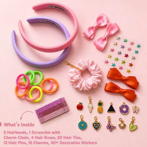 DIY Hair Drama Box with 2 Hair Bands, 1 Scrunchie, 4 Mini Bows, 20 Hair Ties, 12 Exclusive Charms & 100+ Crystals - Pink & Lilac