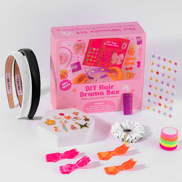 "DIY Hair Drama Box with 2 Hair Bands, 1 Scrunchie, 1 Hair Bow, 11 Exclusive Charms, 200+ CrysDIY Hair Drama Box with 2 Hair Bands, 1 Scrunchie, 4 Mini Bows, 20 Hair Ties, 12 Exclusive Charms & 100+ Crystals - Black & White