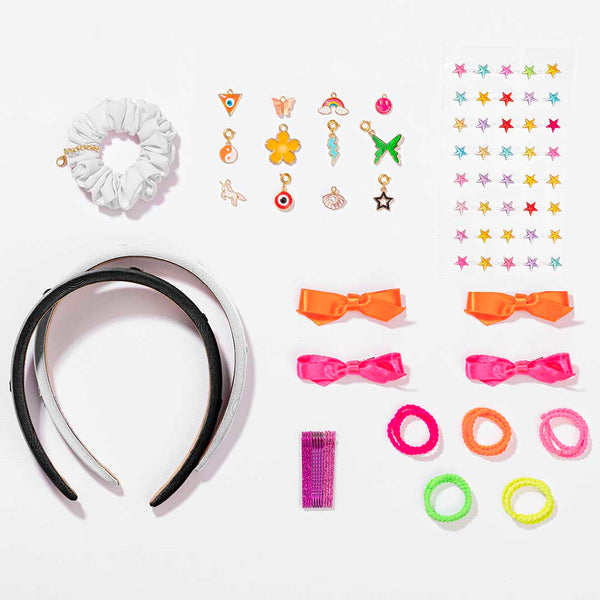 "DIY Hair Drama Box with 2 Hair Bands, 1 Scrunchie, 1 Hair Bow, 11 Exclusive Charms, 200+ CrysDIY Hair Drama Box with 2 Hair Bands, 1 Scrunchie, 4 Mini Bows, 20 Hair Ties, 12 Exclusive Charms & 100+ Crystals - Black & White