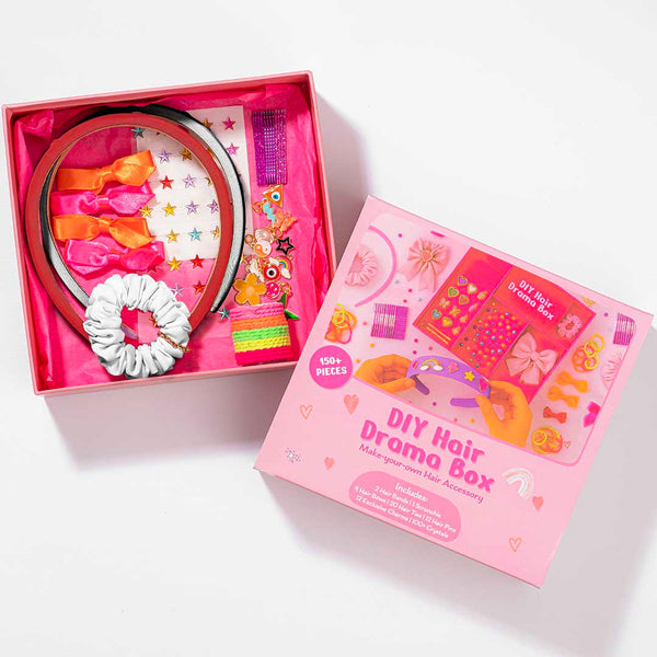 DIY Hair Drama Box with 2 Hair Bands, 1 Scrunchie, 1 Hair Bow, 11 Exclusive Charms, 200+ Crystals & 10 Pom PDIY Hair Drama Box with 2 Hair Bands, 1 Scrunchie, 4 Mini Bows, 20 Hair Ties, 12 Exclusive Charms & 100+ Crystals - Red & White