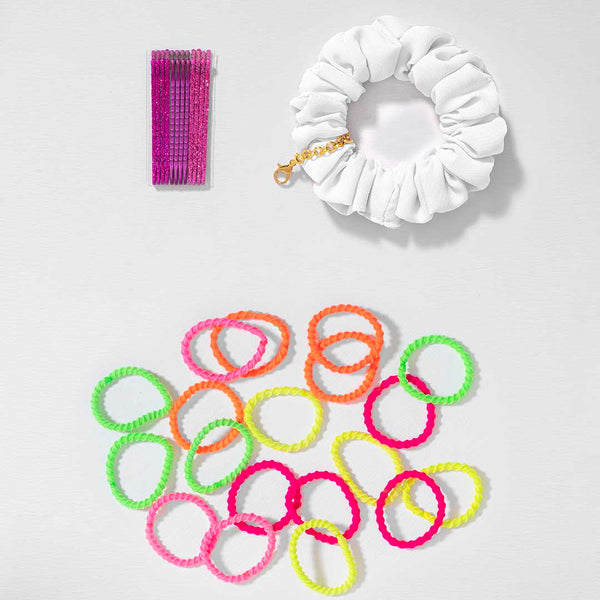 DIY Hair Drama Box with 2 Hair Bands, 1 Scrunchie, 1 Hair Bow, 11 Exclusive Charms, 200+ Crystals & 10 Pom PDIY Hair Drama Box with 2 Hair Bands, 1 Scrunchie, 4 Mini Bows, 20 Hair Ties, 12 Exclusive Charms & 100+ Crystals - Red & White