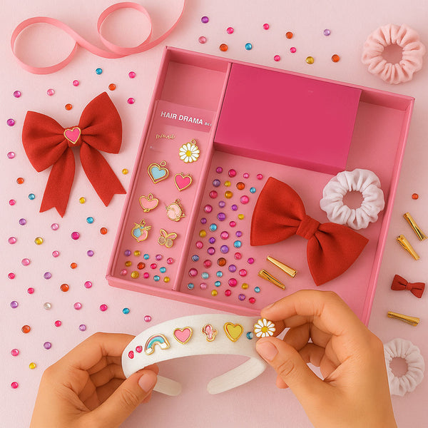 DIY Hair Drama Box with 2 Hair Bands, 1 Scrunchie, 1 Hair Bow, 11 Exclusive Charms, 200+ Crystals & 10 Pom PDIY Hair Drama Box with 2 Hair Bands, 1 Scrunchie, 4 Mini Bows, 20 Hair Ties, 12 Exclusive Charms & 100+ Crystals - Red & White
