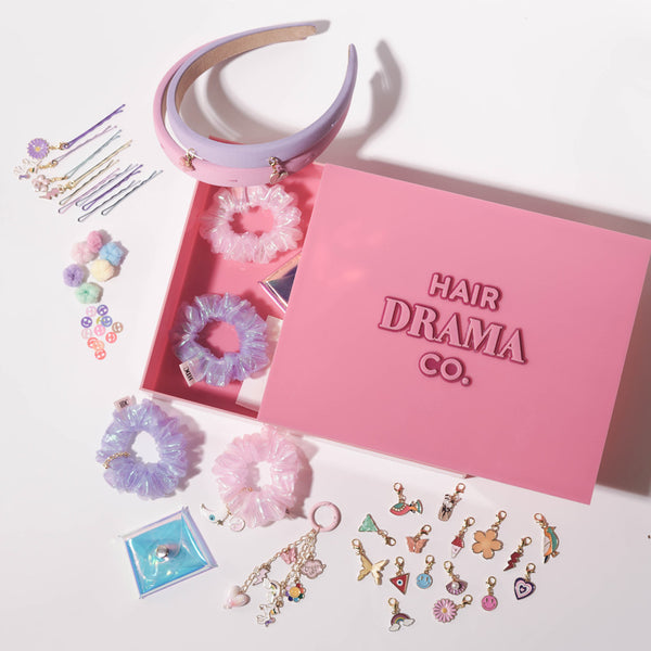 60 Pieces Unicorn DIY Gift Box with 18 Hair Accessories, 24 Charms, 1 Bag Charm, Holographic Pouch & more - Pink & Purple