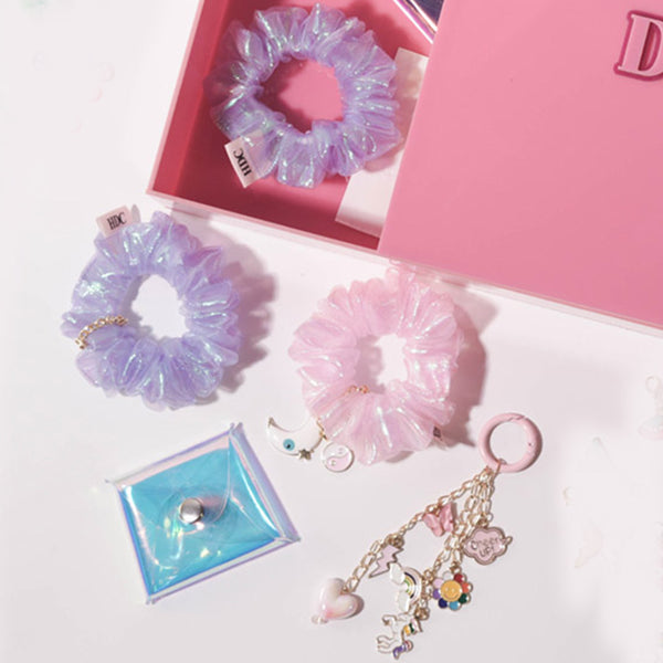 60 Pieces Unicorn DIY Gift Box with 18 Hair Accessories, 24 Charms, 1 Bag Charm, Holographic Pouch & more - Pink & Purple