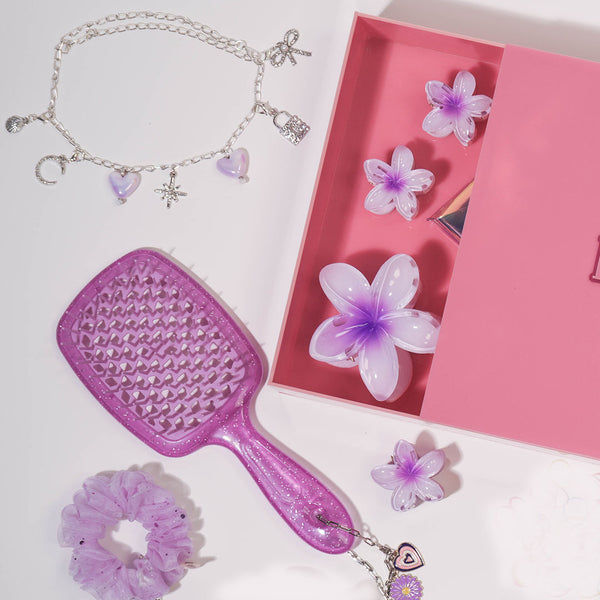 45 Pieces Lilac Dreams DIY Gift Box with 1 Detangling Hair Brush, 12 Charms, 3 Flower Claw Clips, Holographic Pouch & more - Purple