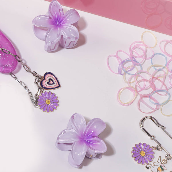 45 Pieces Lilac Dreams DIY Gift Box with 1 Detangling Hair Brush, 12 Charms, 3 Flower Claw Clips, Holographic Pouch & more - Purple