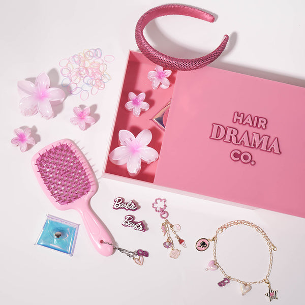 42 Pieces Barbie Glam DIY Gift Box with 1 Detangling Hair Brush, 7 Charms, 1 Hair Band, 1 Bag Charm, Holographic Pouch & more - Purple