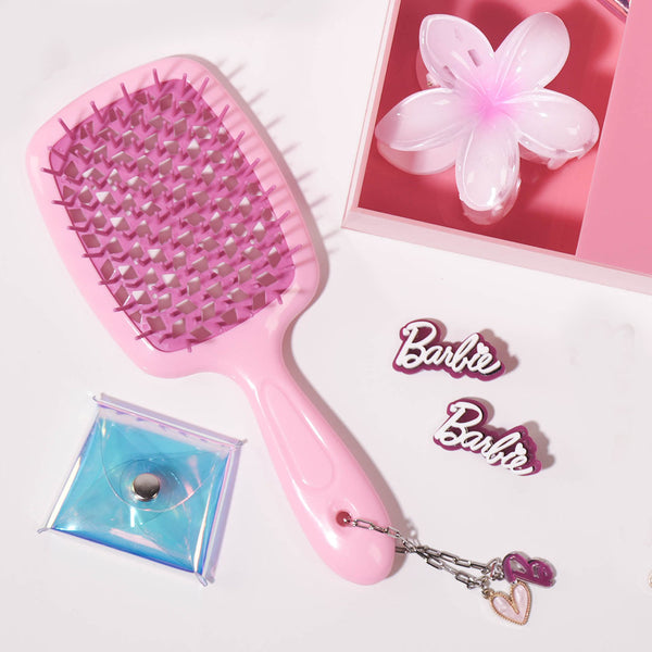 42 Pieces Barbie Glam DIY Gift Box with 1 Detangling Hair Brush, 7 Charms, 1 Hair Band, 1 Bag Charm, Holographic Pouch & more - Purple