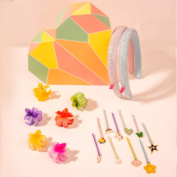 Rainbow Barbie Gift Box with 2 Crystal Hair Bands, 6 Flower Claw Clips & 10 Charm-ed Hair Pins - Multi