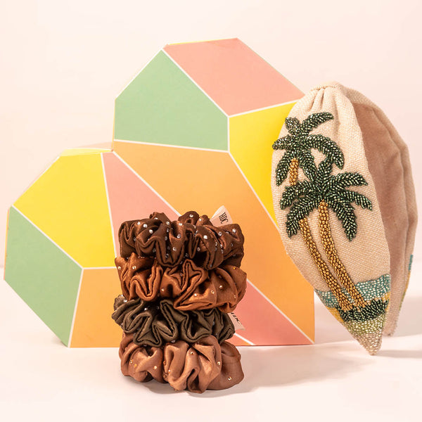 Vacay Essential Gift Box with 1 Embroidered Hair Band & 4 Crystal Scrunchies