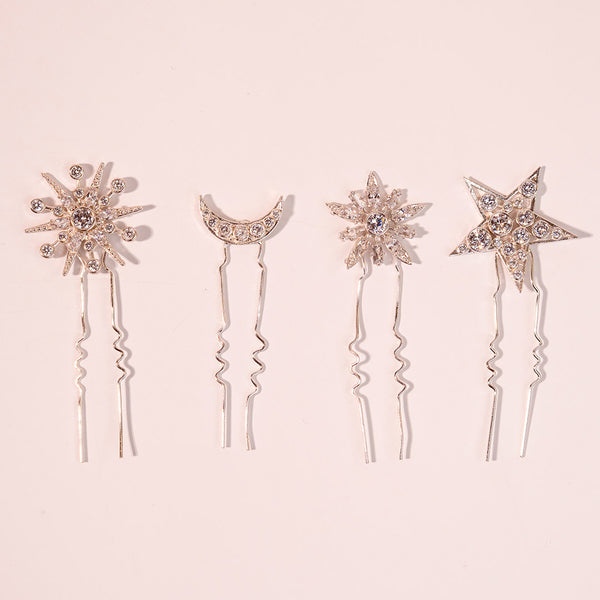 Star & Moon Crystal U Hair Pins - Set of 4 - Silver