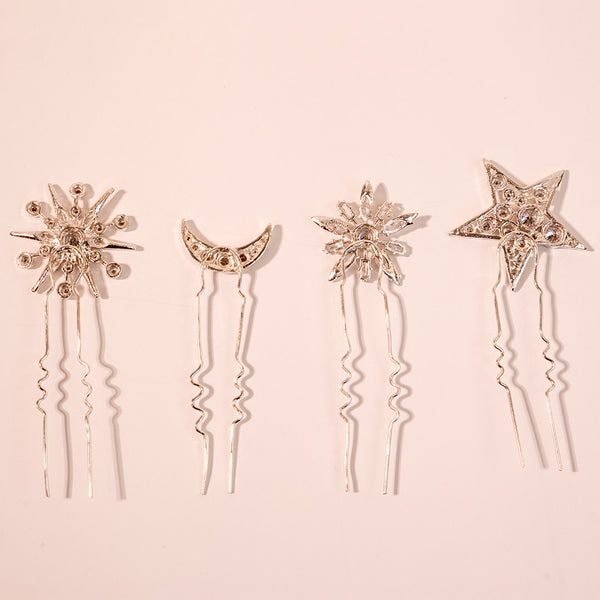Star & Moon Crystal U Hair Pins - Set of 4 - Silver
