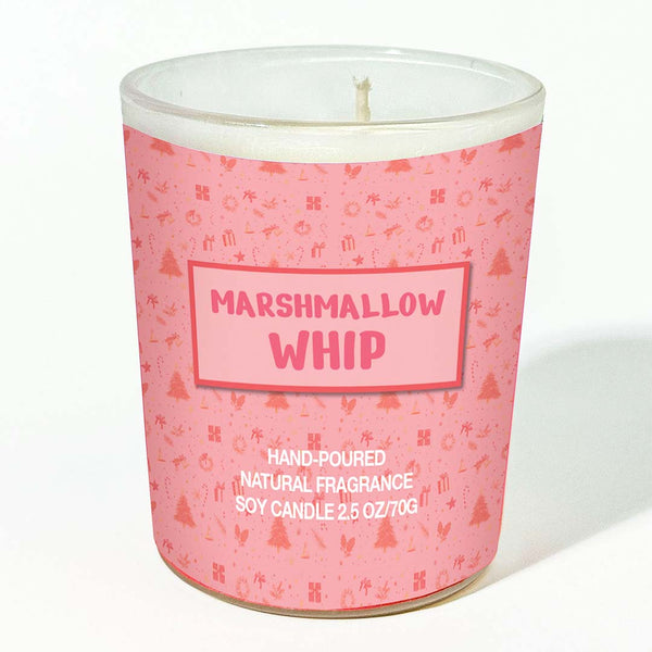 Candle with a pink label reading 'Marshmallow Whip' on a white background