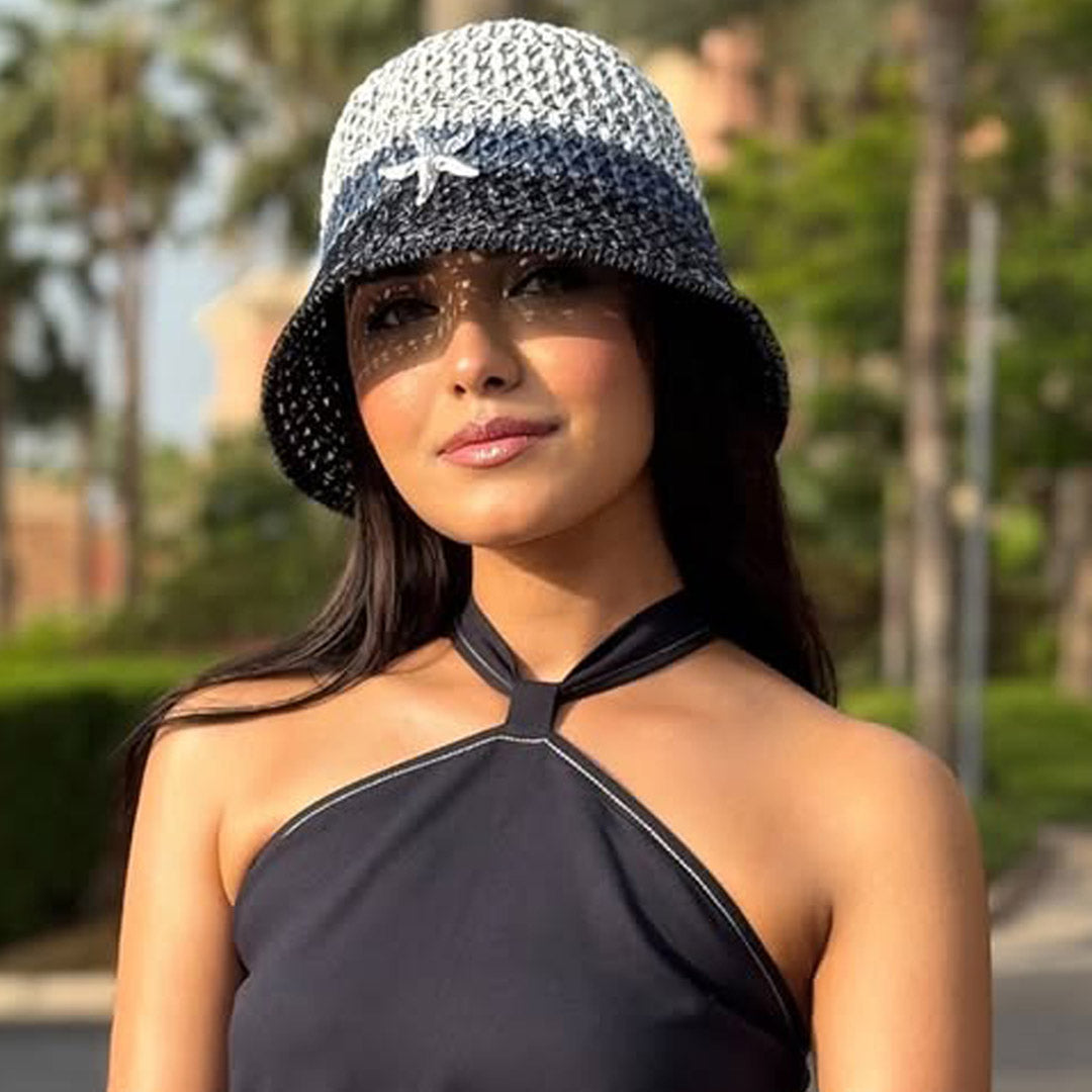 Crochet Beach Bucket Hat with Rose Charm Shades of Blue – Hair