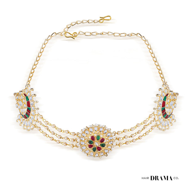 Gold Plated Hair Band with White and Gold Polki and Colorful Stones - Red & Green