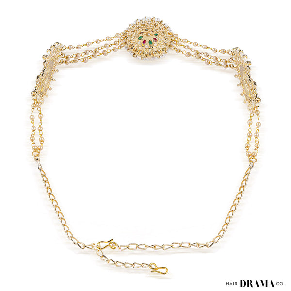 Gold Plated Hair Band with White and Gold Polki and Colorful Stones - Red & Green