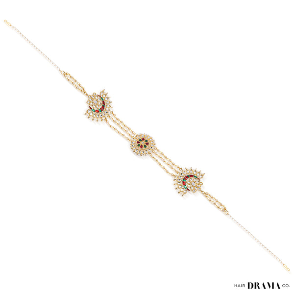 Gold Plated Hair Band with White and Gold Polki and Colorful Stones - Red & Green
