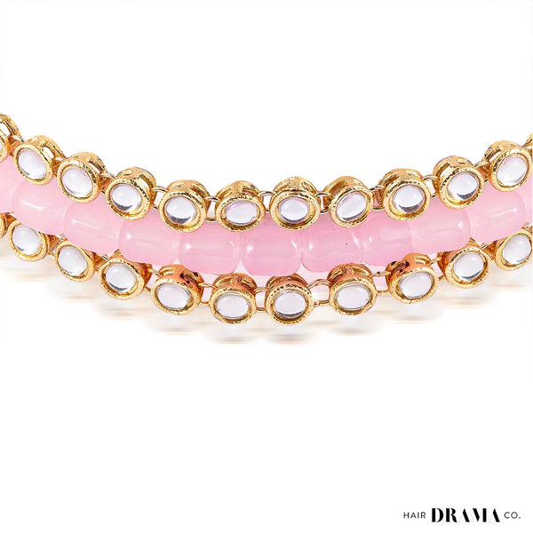 Gold Plated Hair Band with Light Pink Crystals and Transparent Stones