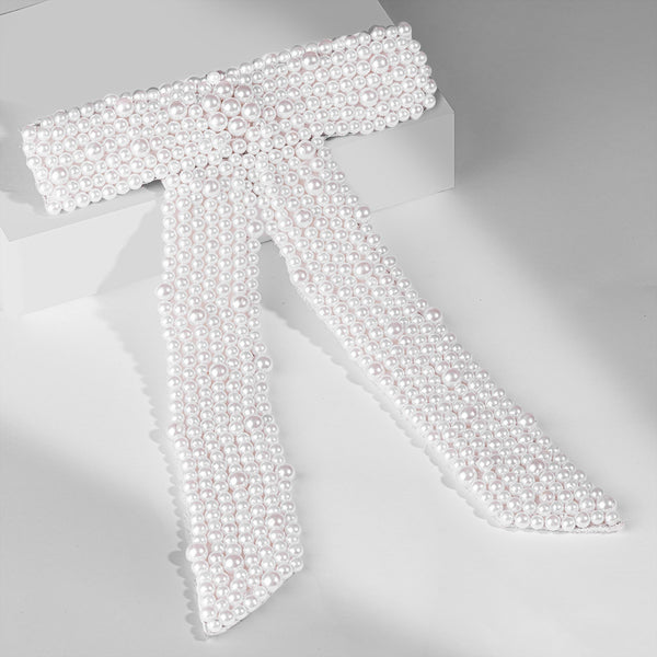 Embellished Pearl Hair Bow Barrette Clip - White