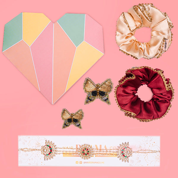 Desi Drama Gift Box with 1 Head Chain, 2 Pearl Scrunchies and 2 Embroidered Hair Pins - Red & Gold