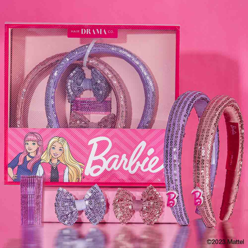 Barbie Kids Sequins Gift Box with Puff Hair Bands with Barbie Charm, Hair Bows 12 Hair Pins