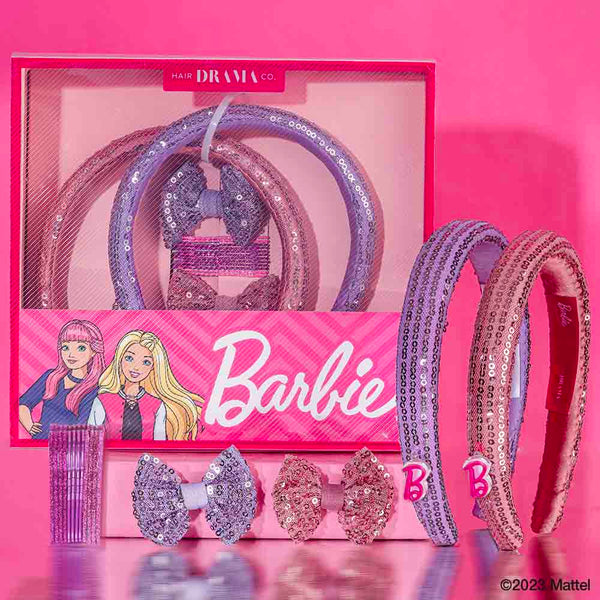 Barbie Kids Sequins Gift Box with 2 Puff Hair Bands with Barbie Charm, 2 Hair Bows & 12 Hair Pins