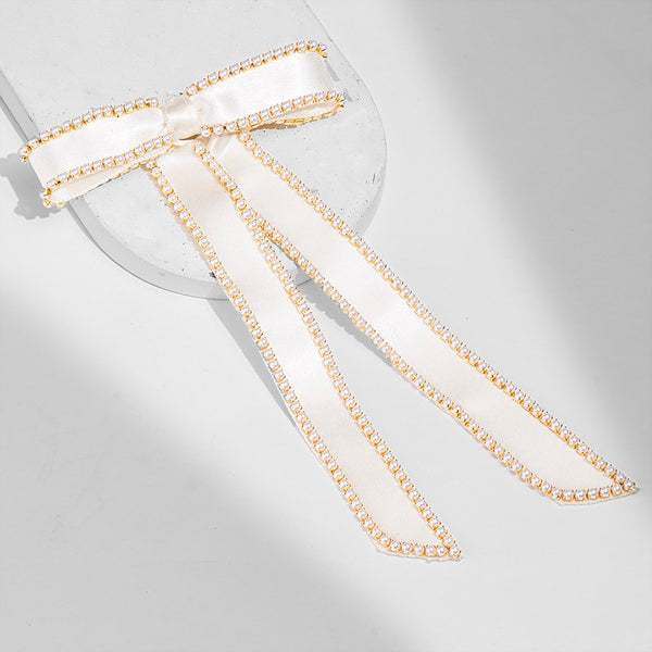 Satin Ribbon Pearl Hair Bow - Off-White