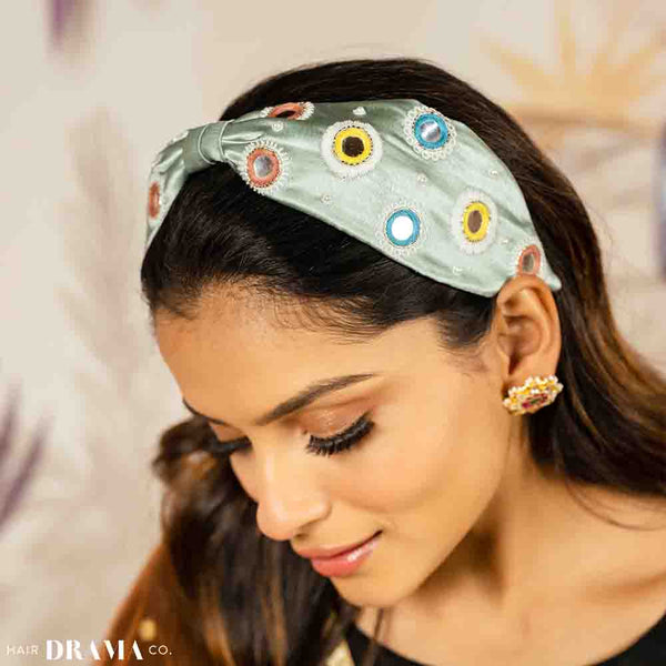 Mirrorwork Knotted Headband - Mint Green