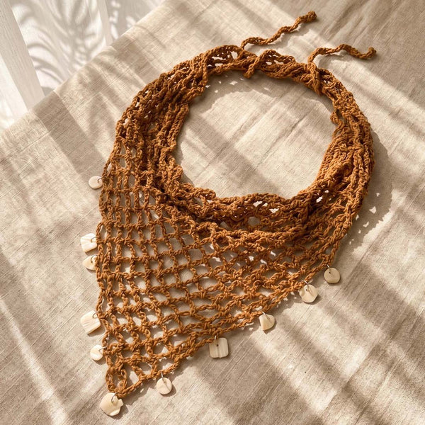 Bohemian Crochet Headscarf with Shell Charms - Brown -Small