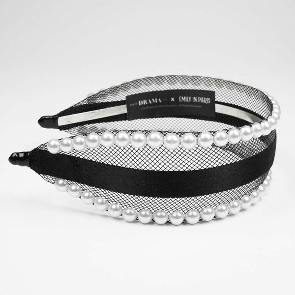 Mesh Hair Band with Pearls & Ribbon - Black