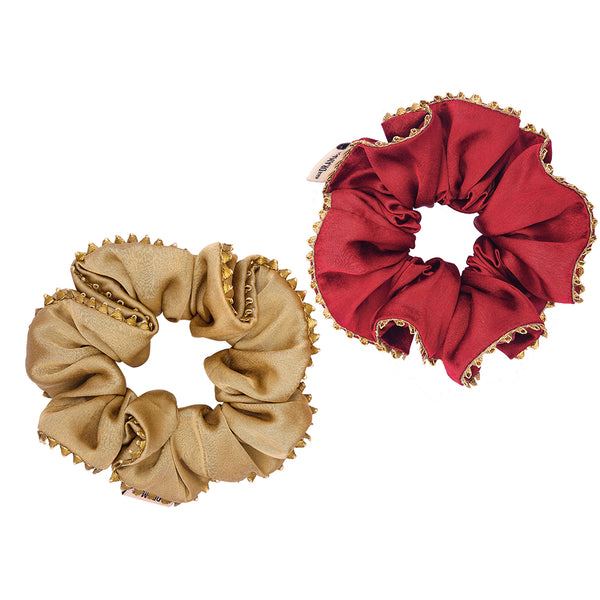 Desi Drama Gift Box with 1 Head Chain, 2 Pearl Scrunchies and 2 Embroidered Hair Pins - Red & Gold