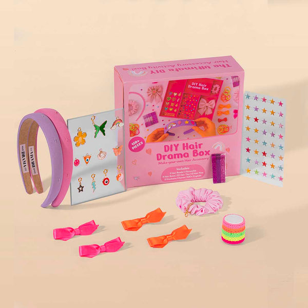 DIY Hair Drama Box with 2 Hair Bands, 1 Scrunchie, 4 Mini Bows, 20 Hair Ties, 12 Exclusive Charms & 100+ Crystals - Pink & Lilac