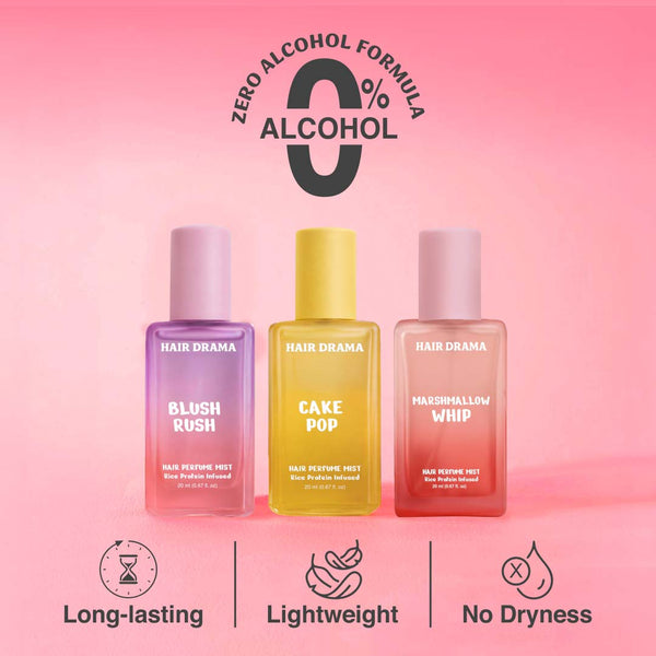 Alcohol-free hair mist set with playful gourmand scents for hydrated, frizz-free and shiny hair