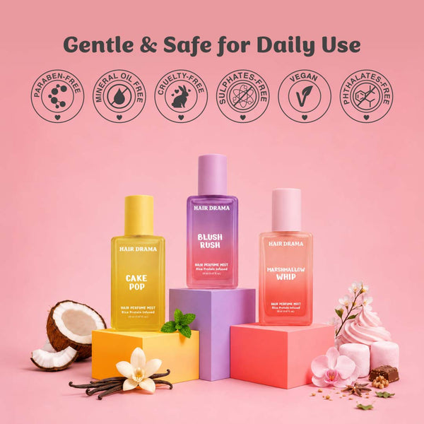 Frizz-smoothing hair perfume mist set with sweet scents and zero alcohol formula safe for daily hair care