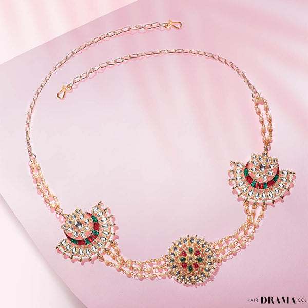 Gold Plated Hair Band with White and Gold Polki and Colorful Stones - Red & Green