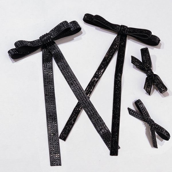 Black Satin Ribbon Crystal & Glitter Hair Bows - Set of 4