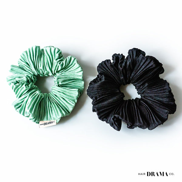 Pleated Scrunchies - Set of 2 - Green & Black