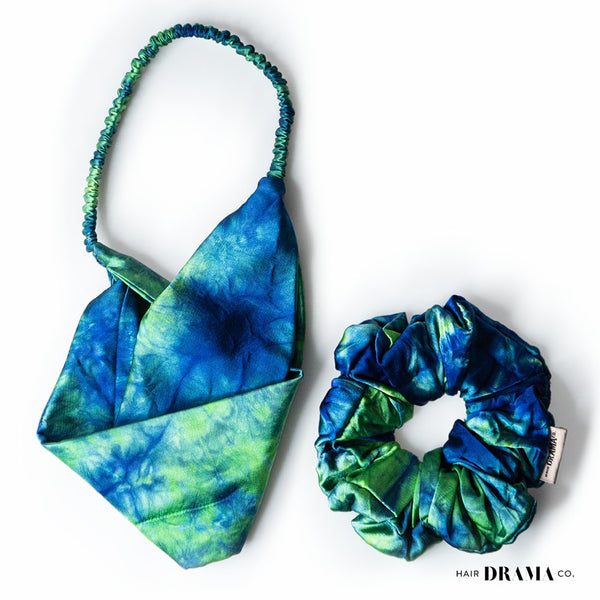 Tie-Dye Cross-Knot Stretch Headband & Scrunchie Set - Green & Blue