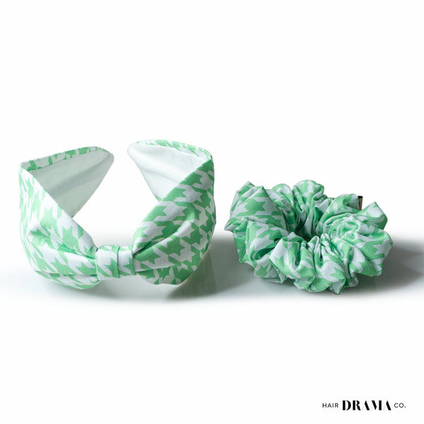 Houndstooth Headband & Scrunchie Set - Green