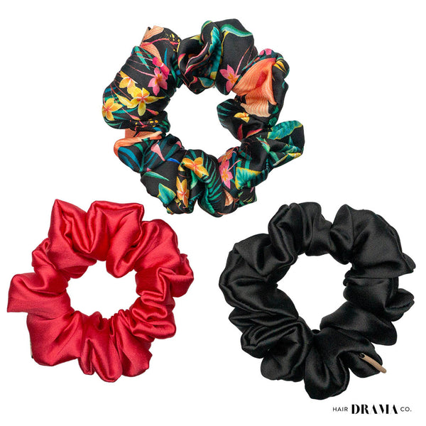 Fushcia Printed Satin Scrunchies - Set of 3