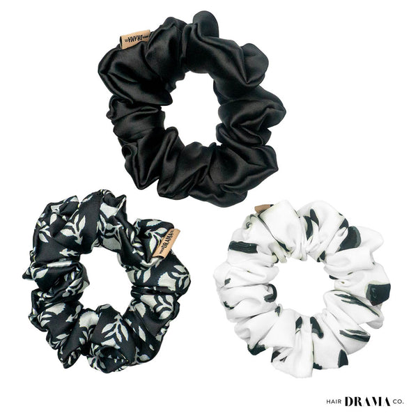 Classics Black & White Printed Satin Scrunchies - Set of 3