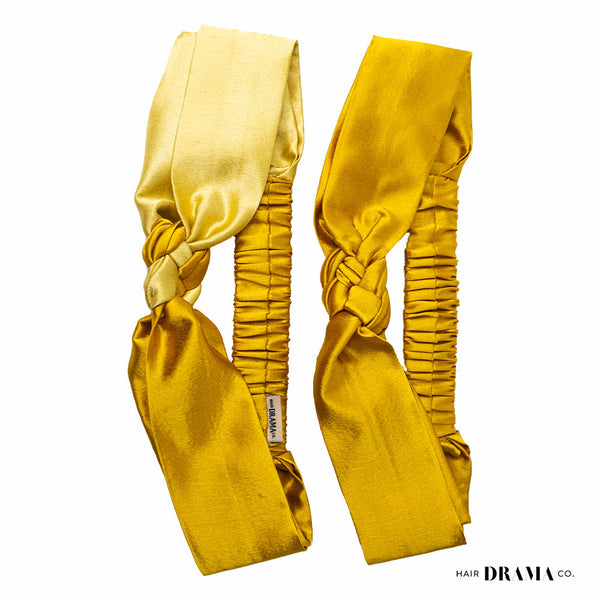 Silk Satin Braided Stretch Headband - Set of 2 - Mustard & Gold