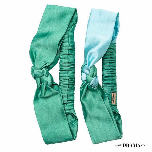 Silk Satin Braided Stretch Headband- Set of 2 - Sea Green & Blue