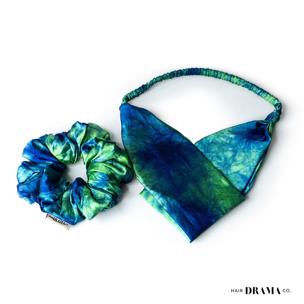 Tie-Dye Cross-Knot Stretch Headband & Scrunchie Set - Green & Blue