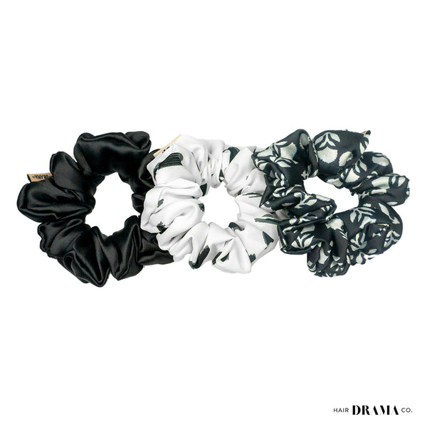Classics Black & White Printed Satin Scrunchies - Set of 3