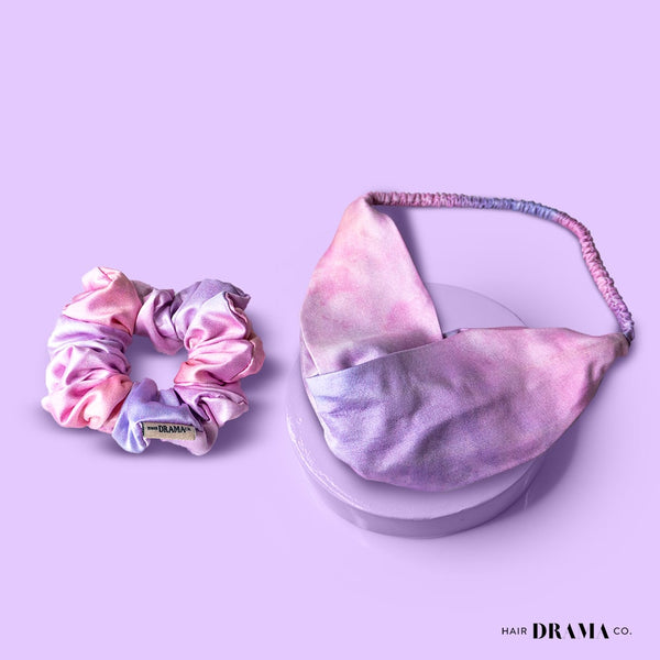 Tie-Dye Cross-Knot Stretch Headband & Scrunchie Set - Pink & Lilac
