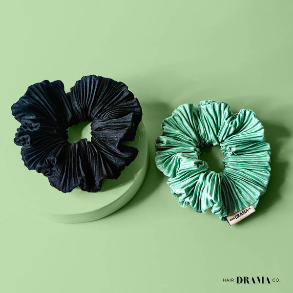 Pleated Scrunchies - Set of 2 - Green & Black