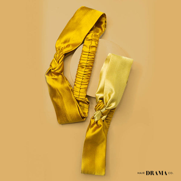 Silk Satin Braided Stretch Headband - Set of 2 - Mustard & Gold