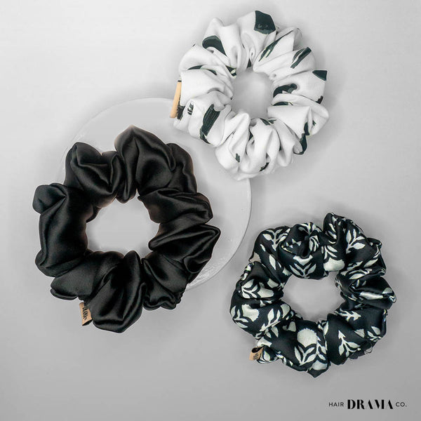 Classics Black & White Printed Satin Scrunchies - Set of 3